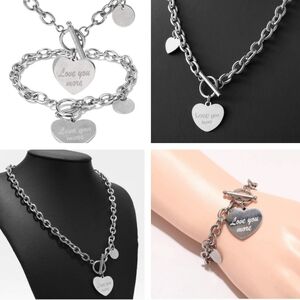 Engraved love You More heart Necklace and bracelet set